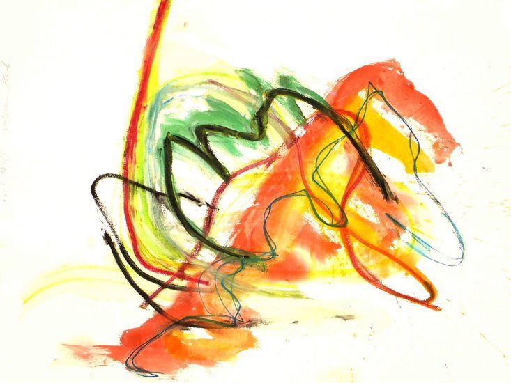 'Geluk' - abstracte kunst op papier; een kleurig schilderij uit 2010; niet meer beschikbaar