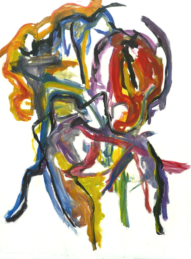 'Dansen in de stad' - groot abstract kleurig schilderij te koop of te huur - Abstract Expressionisme (click voor grotere afbeelding)
