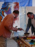 Als schildersduo 'BenFo' (BEN Vollers & FOns Heijnsbroek) schilderden wij samen een reeks grote schilderijen -in de periode van 2007 tot 2010. We schilderden naast elkaar, op één groot doek: een Dialoog in Beeld. Nog veel werken zijn te koop, halve prijs.
Weinig praten, veel schilderen & kijken. Het werden kleurige, abstract-expressionistische schilderijen
Deze werken zijn voor halve prijs te koop: 1600 euro.. Maar kom ze eerst beslist 'life' bekijken: afspraak via fons-1951@outlook.com.