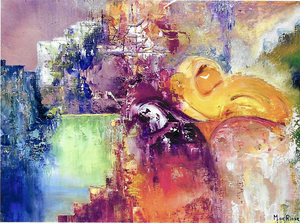 Abstracte schilderijen op speciaal geprepareerd 400 gram acryl papier met linnen structuur. Inclusief lijst en passe-partout.
