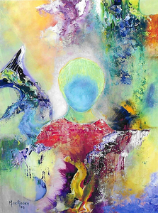 Abstracte schilderijen op speciaal geprepareerd 400 gram acryl papier met linnen structuur. Inclusief lijst en passe-partout.