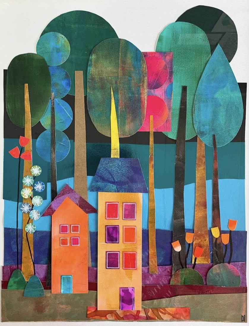 Boscollage met huizen
