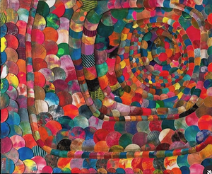 Collage-composities waarin ronde vormen geponst uit zelfgemaakte monoprintvellen, samen een nieuw geheel vormen. De ronde vorm ontstond uit een mislukt project - een toevallige ontdekking waaruit kleine kunstwerkjes groeiden die, eenmaal samengebracht, een groot en levendig kunstwerk vormen.