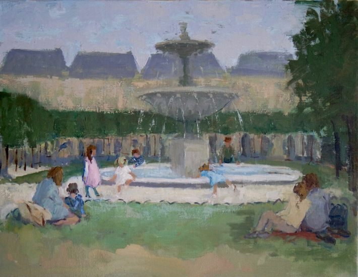 Place des Vosges, spelen met water. 