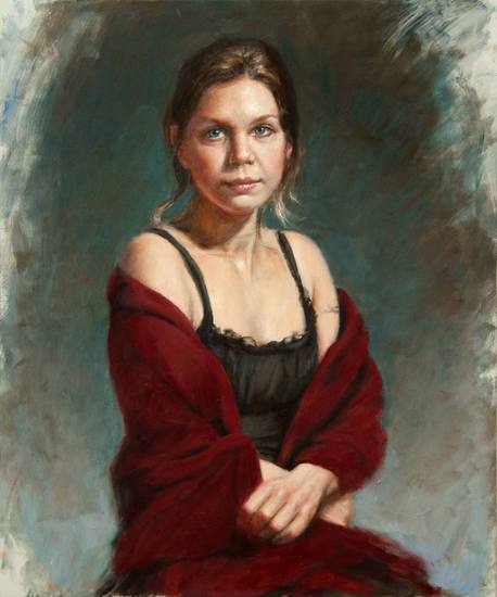portret van een vrouw met rode sjaal