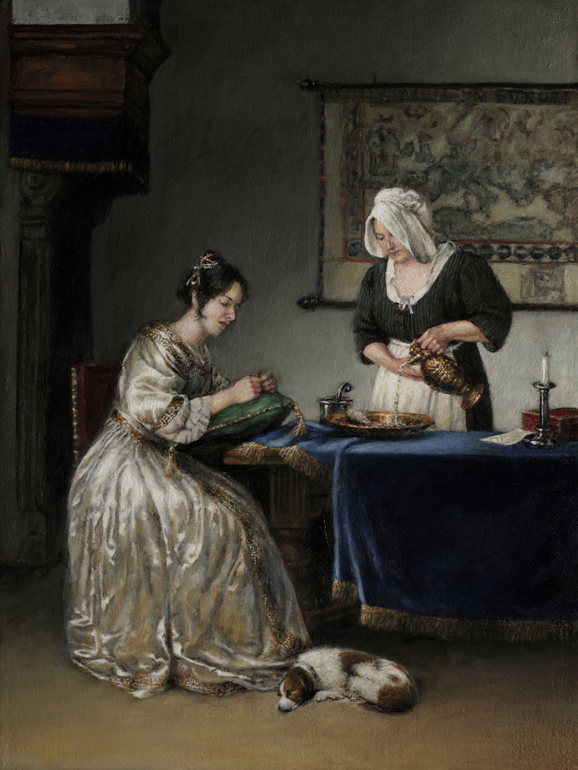 vrouw aan haar toilette