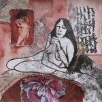 kleine tekeningen in gecombineerde technieken zoals monoprint, collage, kranten, papiersnippers