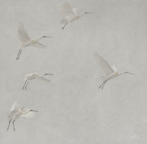 Vogels inspireren mij telkens weer en dan vooral de grote vogels zoals lepelaars, zwanen, kraanvogels, maar ook het pluimvee met de olijke utidrukkinggen van de parmantige koppies. Tijdens ons winterverblijf in Berlijn ben ik volop in de gelegenheid te genieten van de kraanvogeltrek in de omgeving van deze stad.