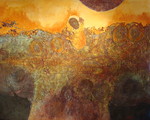 Mix of clay, mortar, glue and sawdust is build up into a thick layer and burnt before layers of gesso and paint are applied. This creates a highly textured surface in which symbols are printed or carved.