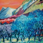 Oranje lucht, blauwe bloesem Oranje lucht, blauwe bloesem