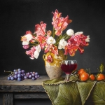 Stilleven met tulpen mandarijnen en druiven Stilleven met tulpen mandarijnen en druiven