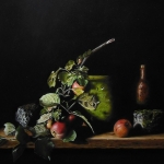 Still life with apples and jug with green algae Still life with apples and jug with green algae