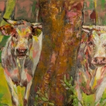 Twee koeien achter de boom, koeienschilderij Twee koeien achter de boom, koeienschilderij