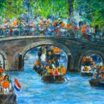 Schilderij Koningsdag op de gracht in Amsterdam Schilderij Koningsdag op de gracht in Amsterdam