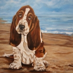 Jonge Basset Hound op Strand Jonge Basset Hound op Strand