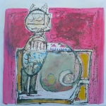 Kat in het roze. Kat in het roze.