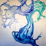 Inspiratie voor de vormen haalde ik uit peuleschillen in de potpourri van de Ikea. De kleine draaiende vormpjes vertaalde ik naar grote doeken met watersplashes en glazen vormen in olieverf. Ik ben in mijn Blauwe Periode ;-)