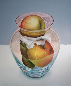 Stillevens, realistisch en het liefst opgeblazen op groot formaat. Serie fruit in glazen vaas. De reflecties van de omgeving op het glas spelen een grote rol. Daarnaast schilderijen,