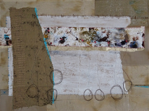 Paintings in mixed media. Always with textile. Theme: Connections. Bridges - telephone wires - broken connections - human connections
