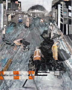 Paintings in mixed technique, theme is the city. Sometimes with additive of photo's, sewed on with the sewing machine