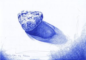 BIC-pen tekeningen. Mijn tekeningen zijn voorzien van een UV-filter. Desondanks kan direct zonlicht de blauwe inkt na verloop van tijd enigszins
