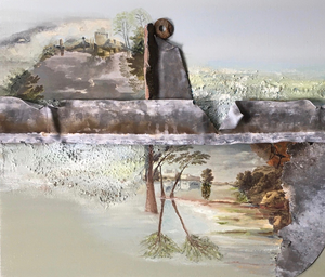 Verstilde, abstracte landschappen met fragmenten van klassieke meesters en industriƫle elementen
