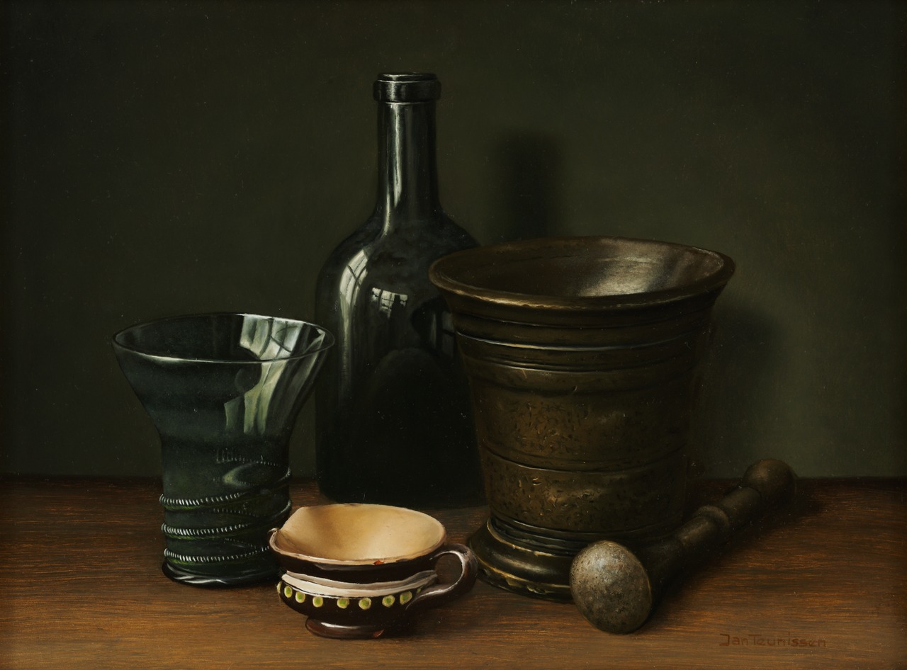 Vijzel, fles, glas en kannetje