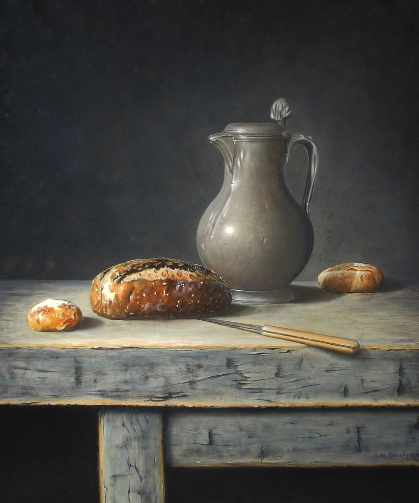Stilleven met brood en tinnen kan