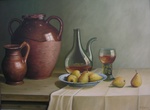 Stilleven met aardewerk glas en fruit