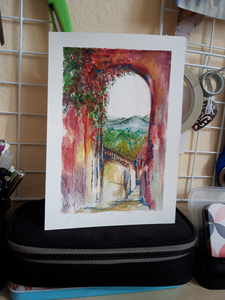 Werken op papier in aquarel, ook pentekeningen ingekleurd met aquarel.
