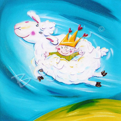 Schilderij kinderkamer Huppelend schaapje ( kinderkamerkunst kunst baby schaapje schaap vrolijke schaapjes schilderij)