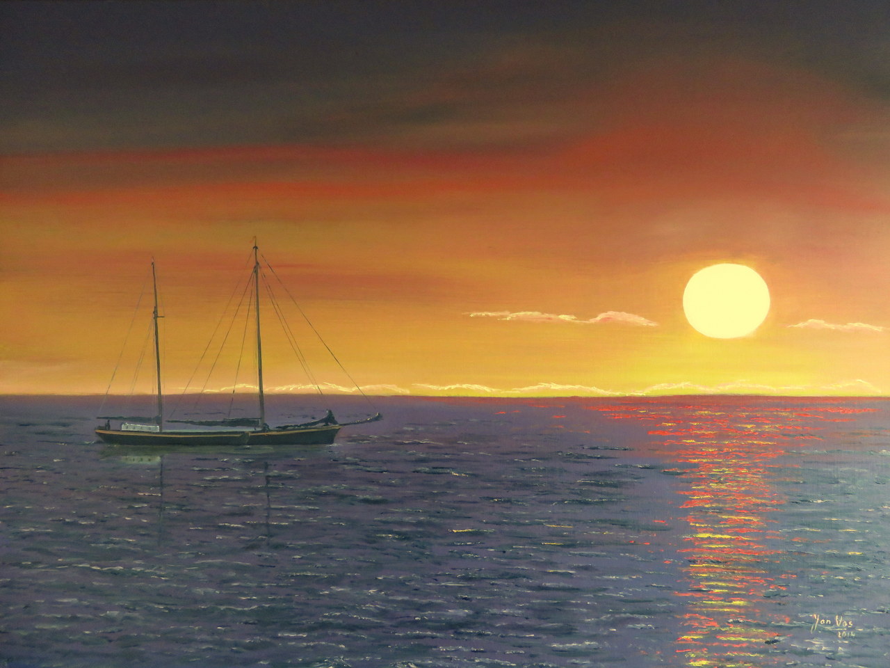 Ondergaande zon aan het IJsselmeer bij Makkum