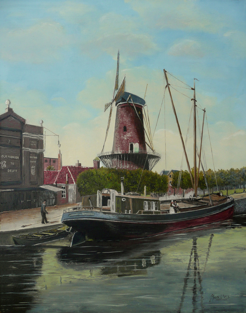Molen aan de Haagweg in Delft met aan de kade een kraak