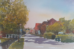 Aquarellen van 'skylines' en/of centra van plaatsen en dorpen. Veelal uit Noord-Holland en de Zaanstreek