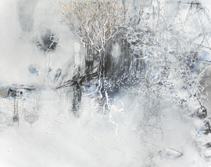 Gemengde techniek op papier of doek.
(acrylverf, papier/grafiek, inkt, houtskool, pastel, potlood).