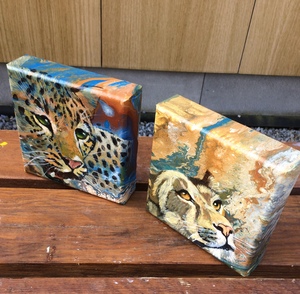 Kleine werkjes op 3D canvas, die je op kunt hangen, maar ook neer kunt zetten.