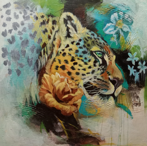 In deze groep zijn werken te zien, waarin ik de dieren in een context plaats, zoals: dier en mens, dier en bloem, dier en landschap.
Het uitgangspunt is hetzelfde als mijn dierenschilderijen. Uitgaand van de abstracte achtergrond en werken met acryl en olieverf tezamen.
