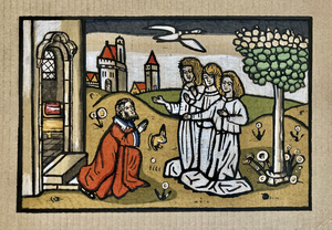 Studies naar middeleeuwse houtsnedes met veelal bijbelse voorstellingen.