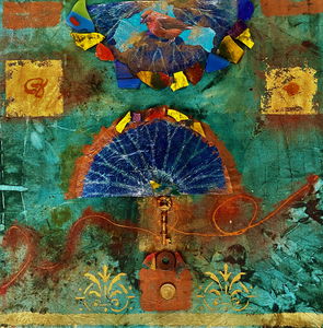 Hortus & Terra serie 2021
Het werk is doorleeft met als ondergrond textiel dat het resultaat is van eco- en  roest-printing.
Het bladgoud vertegenwoordigt  licht of spirituele energie.
Ze combineert de spirituele en fantasiewerelden met symbolen, zoals sleutels, gingko-bladeren, veren en vogel afbeeldingen. 
Haar schilderijen stralen rust en vreugde uit.
Origineel zijn de verwerking van stukjes glas .
Daardoor is haar werk  gepassioneerd, speels, rijk, origineel, spiritueel en kleurrijk