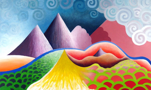 Acrylschilderingen op doek; sureeele landschappen