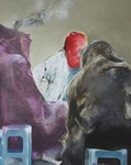 Schilderijen in olieverf op doek, figuratief of abstract weergegeven.
