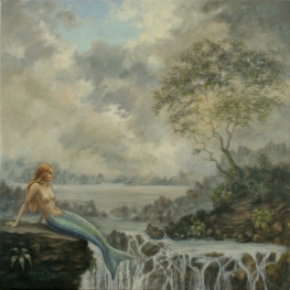 Zeemeermin bij waterval Zeemeermin bij waterval