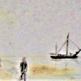 Afgemeerde zeilboot met 2 wadlopers Afgemeerde zeilboot met 2 wadlopers