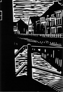 Linoleumsnedes, verstilde zwart wit prenten van o.a
 België,  Griekenland,  Spanje, Utrecht, Nederland.