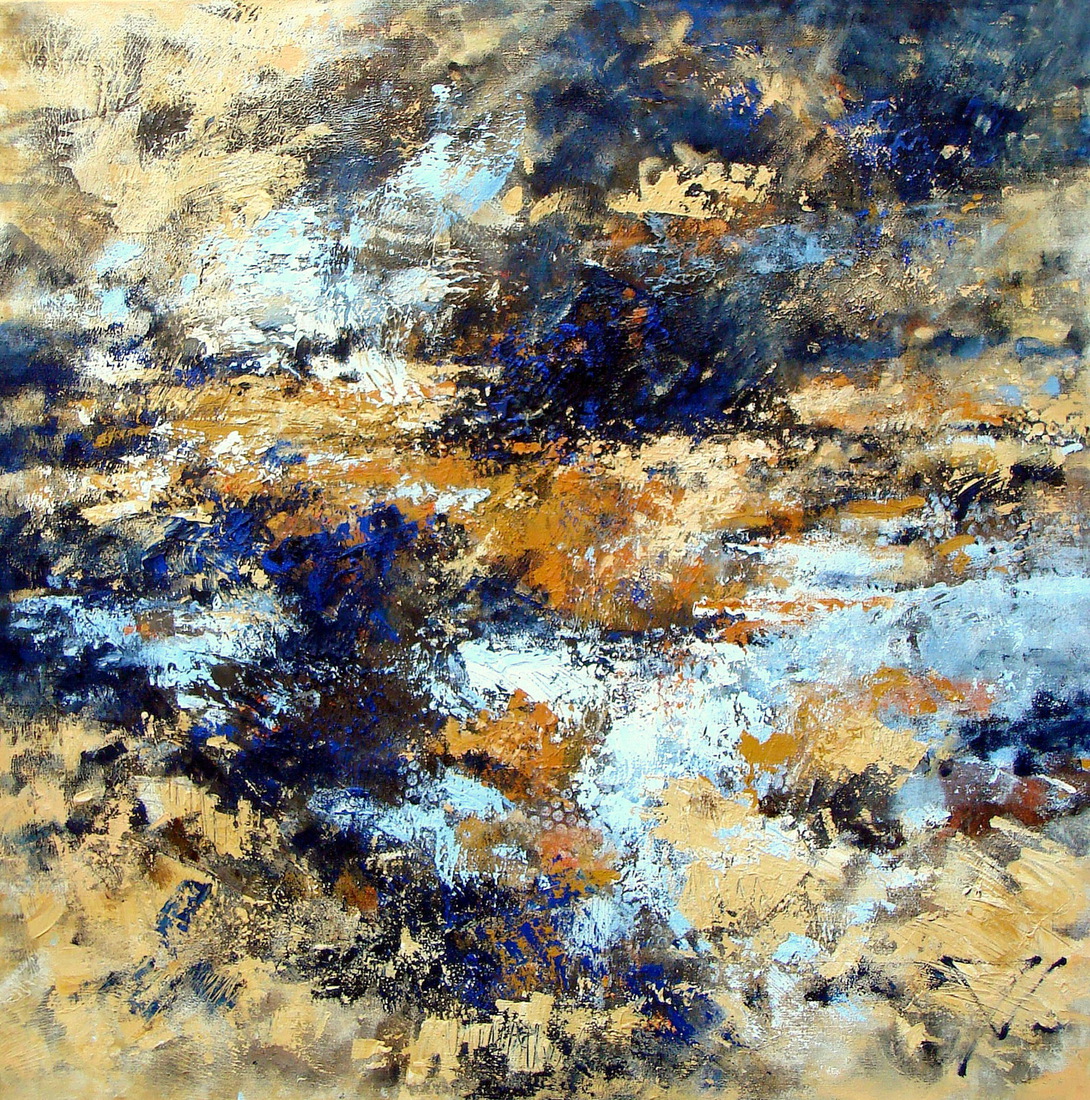 Abstract landschap schilderij – Natuur en beweging in blauw en oker op dik doek