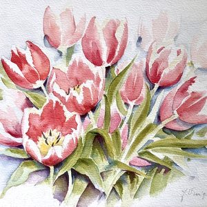 Aquarellen van bloemen. Figuratieve schilderijen van bloemen en tuin.