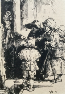 Mijn inzending voor de tentoonstelling ‘Lang Leve Rembrandt’ in het Rijksmuseum. Gefascineerd door ... en zoals velen met mij geïnspireerd door Rembrandt tekende ik in 1971 een ets na met pen en inkt. Het gaat om de ets ‘Bedelaars om een aalmoes’ / Beggars receiving alms at the door of a house.