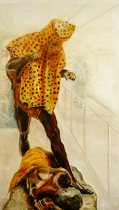 Het beeld van de luipaardman werd in 1913 in opdracht van het
ministerie van Koloniën gemaakt voor het Museum van Belgisch-Kongo.
Begin twintigste eeuw ontstonden geruchten over het bestaan van
moordlustige luipaardmannen (anioto) in Congo. Vermomd als
luipaarden zouden ze onschuldigen ombrengen. De ‘luipaardmoorden’
leiden tot het beeld dat de zwarte een onwetende primitief is, die alleen
met geweld beschaafd kon worden.