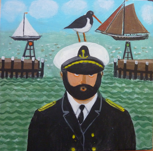 Matrozen en kapiteins die muziek maken en zeevogels en zeehondjes als publiek hebben.