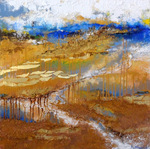 Abstract work on canvas in mixed media, which includes, gold, silver and texiles be combined. Shape and colour play an important role. But always has a deeper consideration the principle.